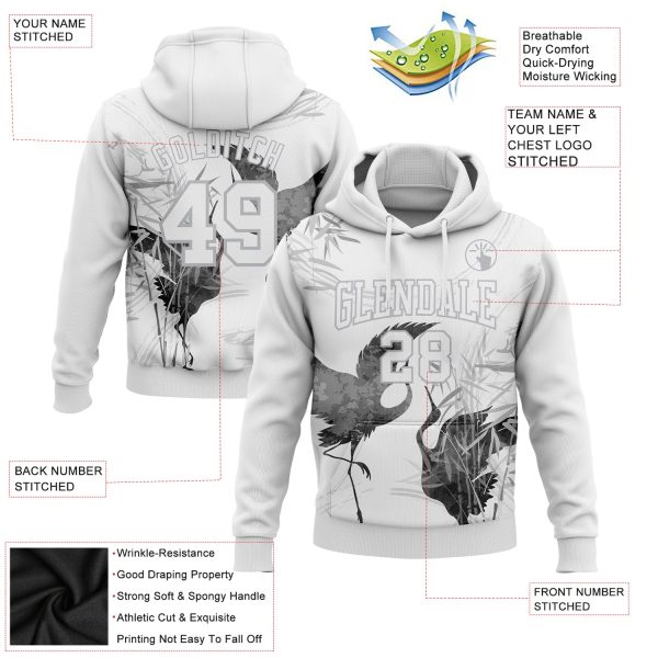 Custom Stitched White Gray 3D Pattern Design Heron Sports Pullover Sweatshirt Hoodie - Image 2