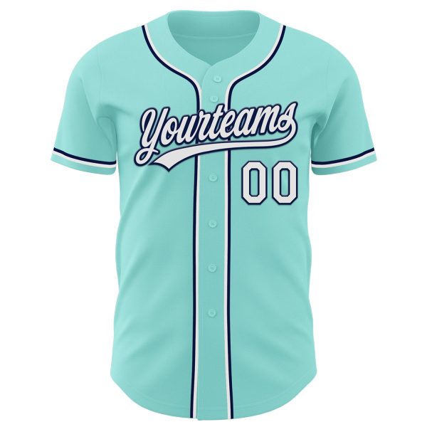 Custom Ice Blue White-Navy Authentic Baseball Jersey - Image 2