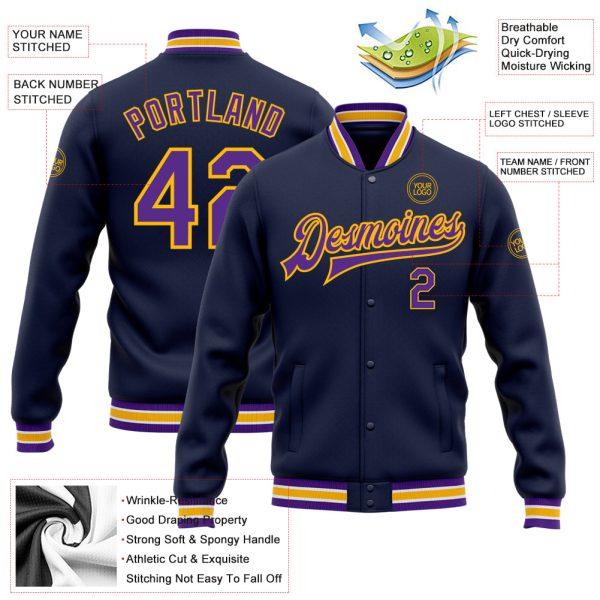 Custom Navy Purple-Gold Bomber Full-Snap Varsity Letterman Jacket - Image 3