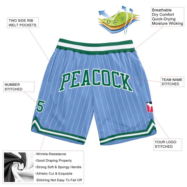 Custom Light Blue White Pinstripe Kelly Green-White Authentic Basketball Shorts - Image 2