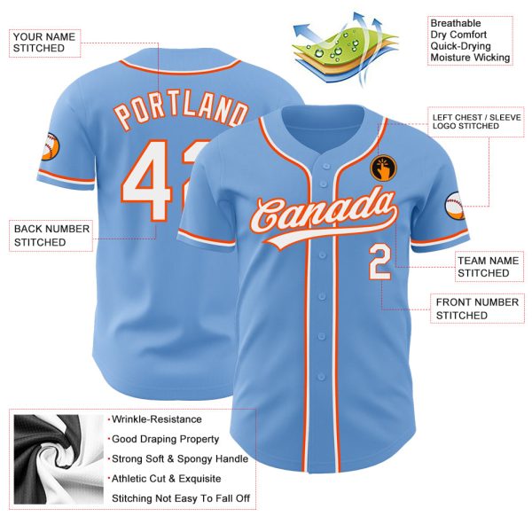 Custom Light Blue White-Orange Authentic Baseball Jersey - Image 3