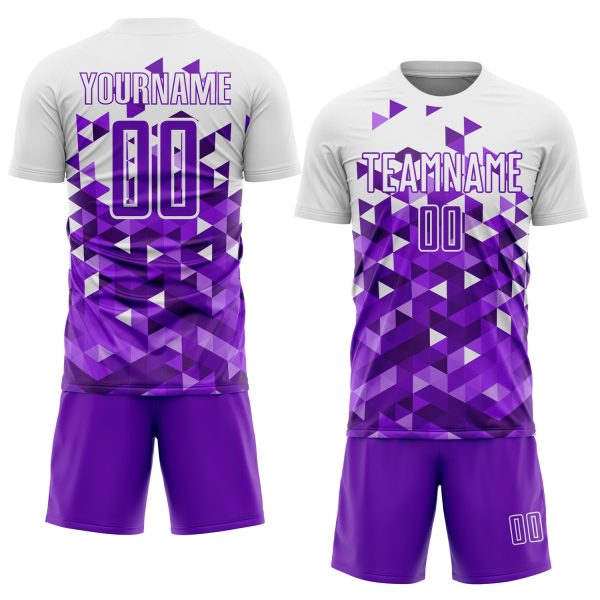 Custom Purple White Geometric Pattern Sublimation Soccer Uniform Jersey - Image 2