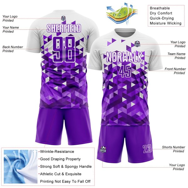 Custom Purple White Geometric Pattern Sublimation Soccer Uniform Jersey - Image 4