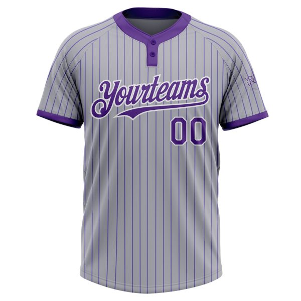 Custom Gray Purple Pinstripe White Two-Button Unisex Softball Jersey - Image 2