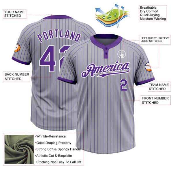 Custom Gray Purple Pinstripe White Two-Button Unisex Softball Jersey - Image 3