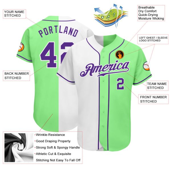 Custom Pea Green Purple-White Authentic Split Fashion Baseball Jersey - Image 3
