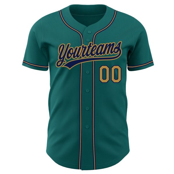 Custom Teal Old Gold-Navy Authentic Baseball Jersey - Image 2