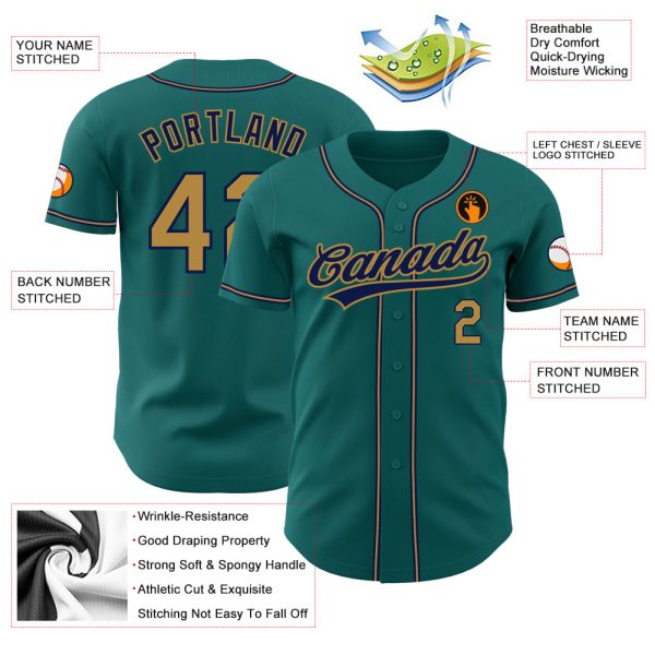 Custom Teal Old Gold-Navy Authentic Baseball Jersey - Image 3