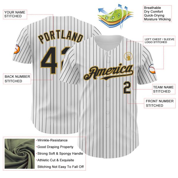 Custom White Black Pinstripe Old Gold Authentic Baseball Jersey - Image 3