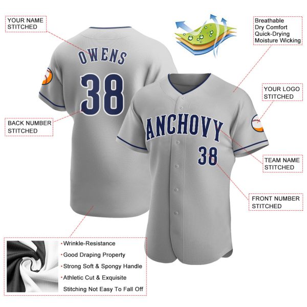 Custom Gray Navy-White Authentic Baseball Jersey - Image 3